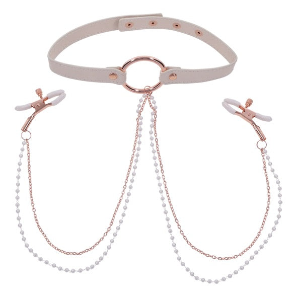 Sportsheets - S&M Peaches ‘n CreaMe Collar with Nipple Clamps Cream