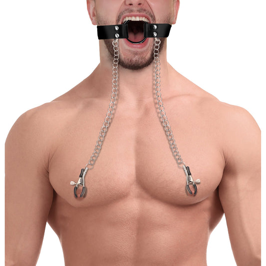 O Ring Gag With Nipple Clamps Black