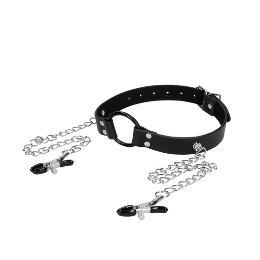 O Ring Gag With Nipple Clamps Black