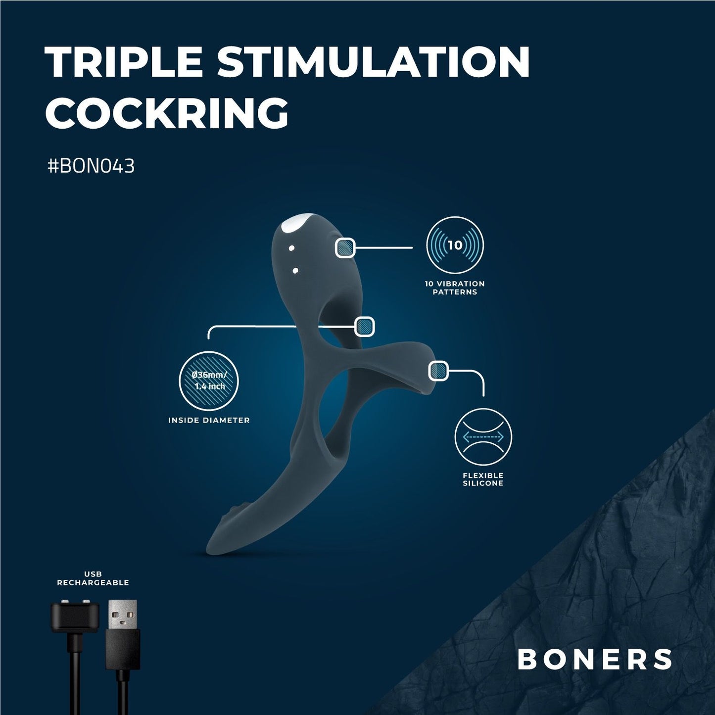 Boners Triple Cockring Blauw