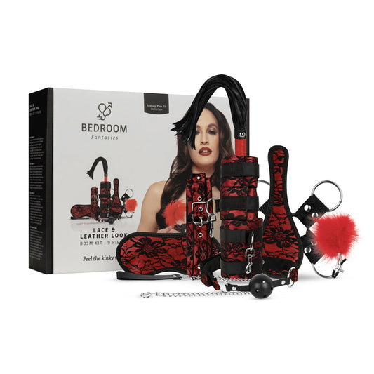 Bedroom Fantasies Lace & Leather Look 8 Delige Bondage Set Rood
