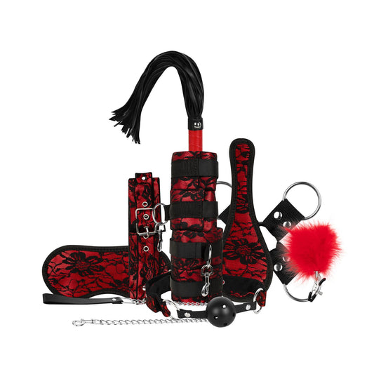 Bedroom Fantasies Lace & Leather Look 8 Delige Bondage Set Rood