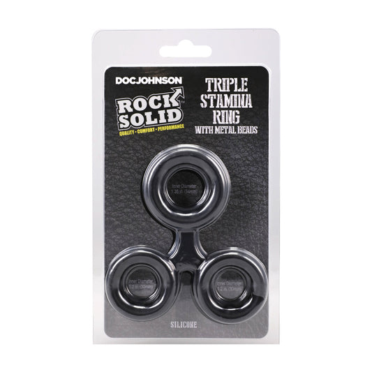 Silicone Triple Stamina Cockring With Metal Beads Black