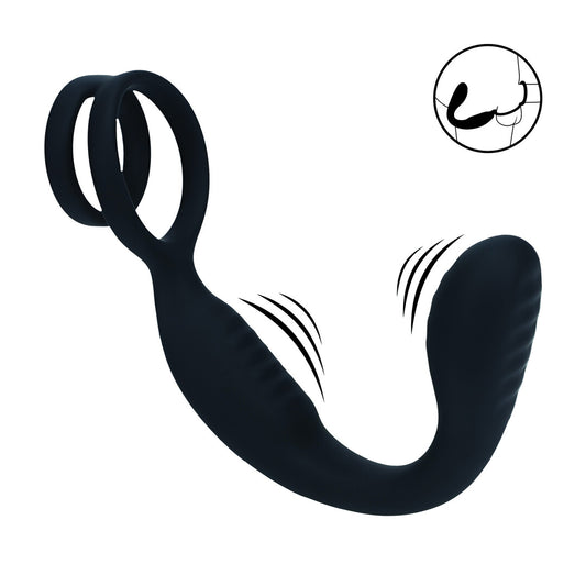 Estimulador De Próstata De Silicona Vibrante Con Anillo Para Pene Y Testículos Negro