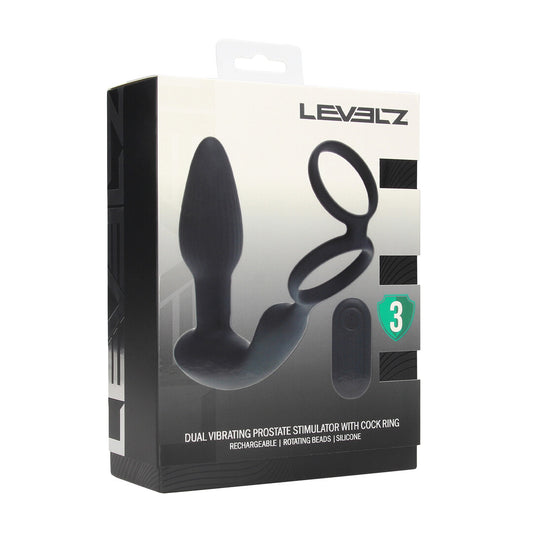 Dual Vibrating Remote Rotating Beads Silicone Prostate Stimulator With Cock And Ball Ring Black