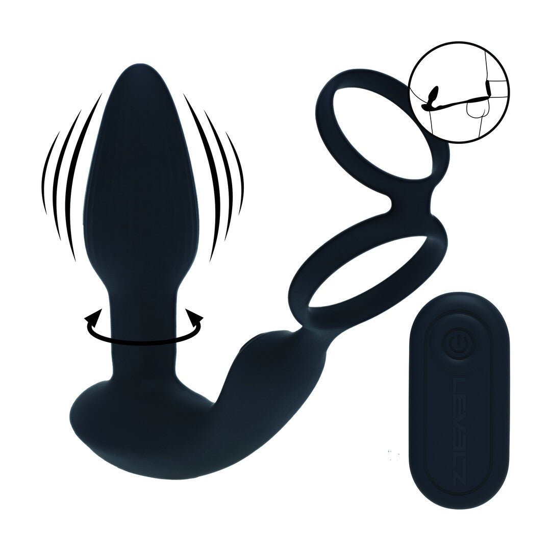 Dual Vibrating Remote Rotating Beads Silicone Prostate Stimulator With Cock And Ball Ring Black