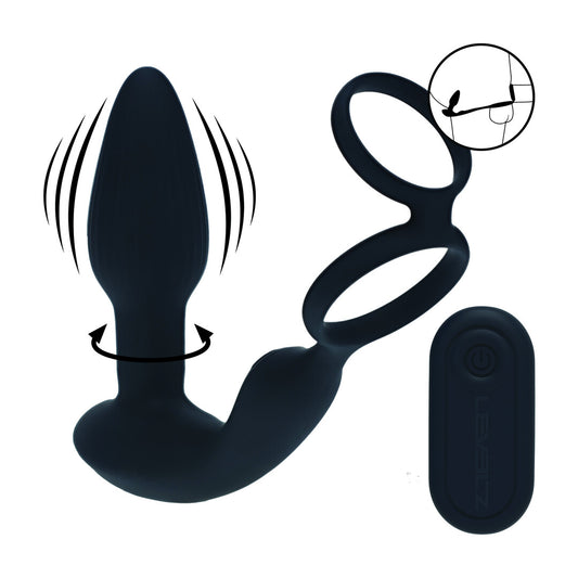 Dual Vibrating Remote Rotating Beads Silicone Prostate Stimulator With Cock And Ball Ring Black