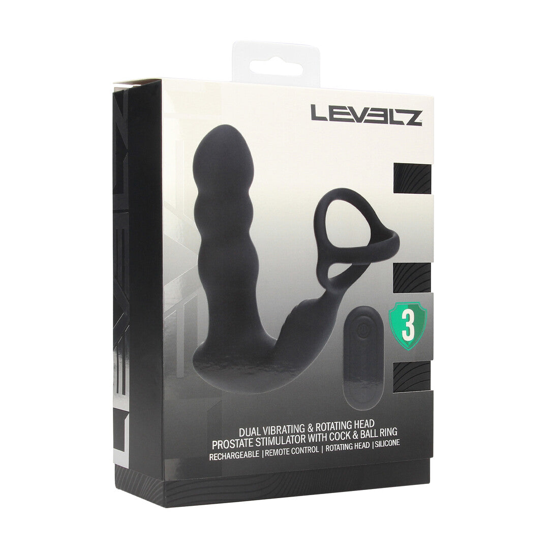 Dual Vibrating Remote Rotating Head Silicone Prostate Stimulator With Cock And Ball Ring Black