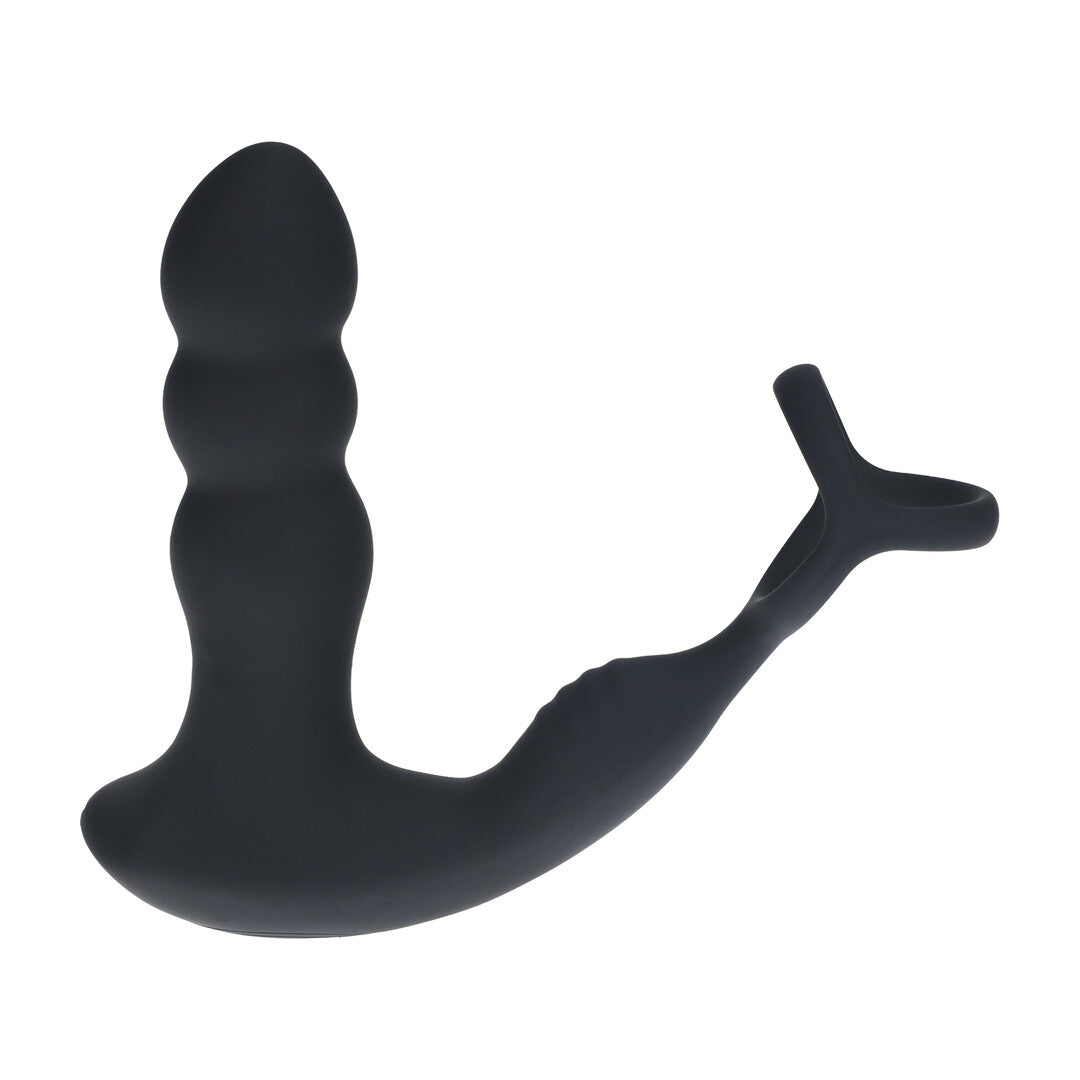 Dual Vibrating Remote Rotating Head Silicone Prostate Stimulator With Cock And Ball Ring Black
