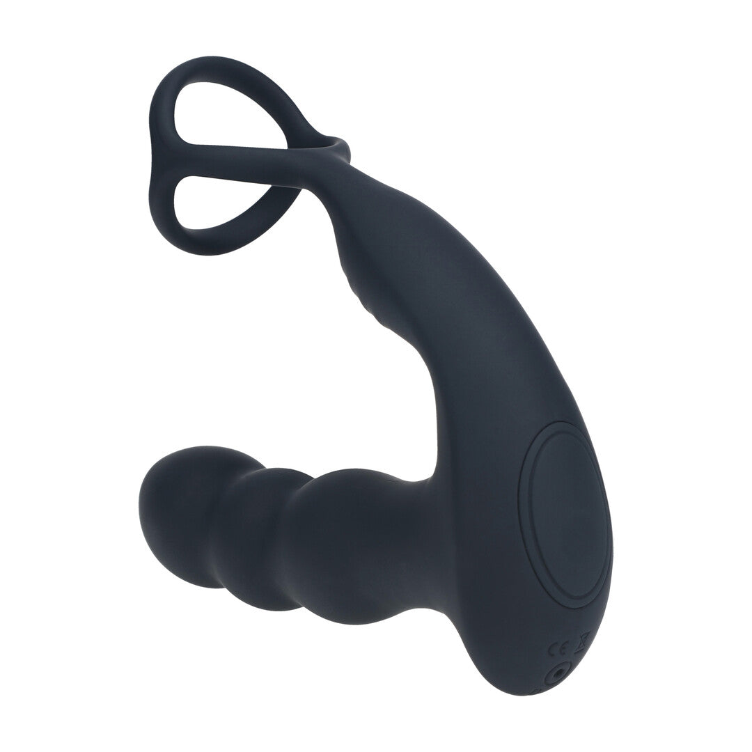 Dual Vibrating Remote Rotating Head Silicone Prostate Stimulator With Cock And Ball Ring Black