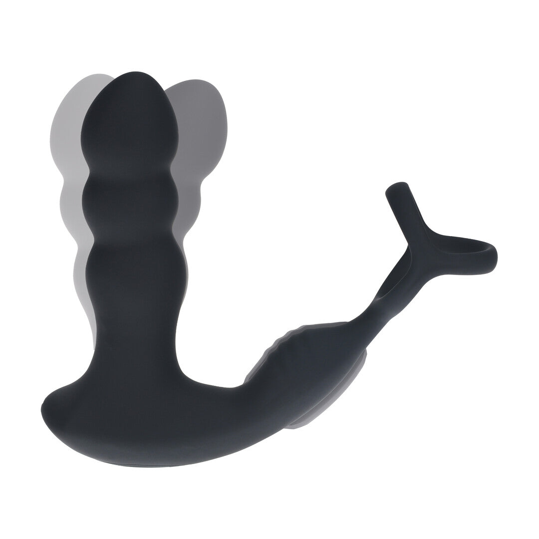 Dual Vibrating Remote Rotating Head Silicone Prostate Stimulator With Cock And Ball Ring Black