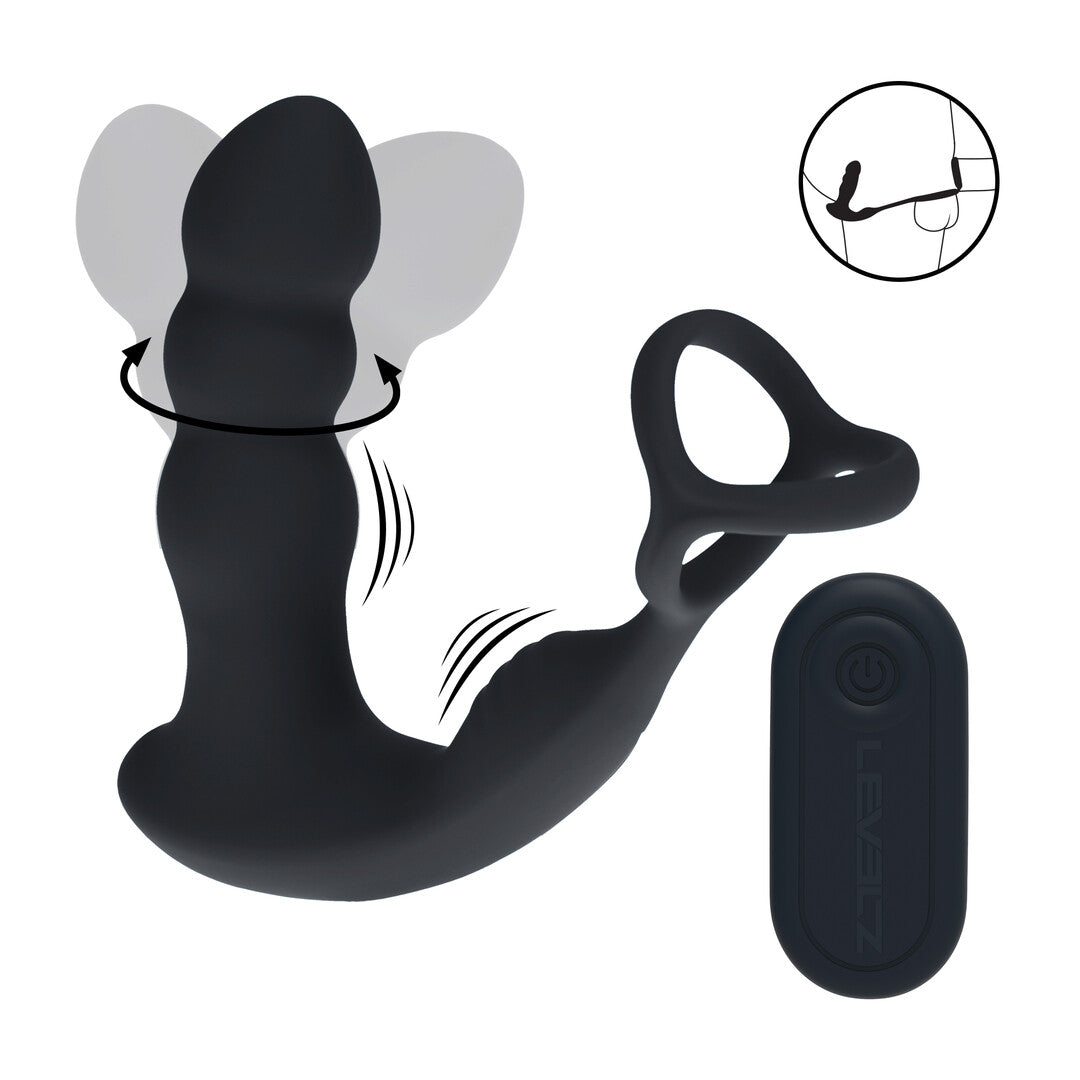 Dual Vibrating Remote Rotating Head Silicone Prostate Stimulator With Cock And Ball Ring Black