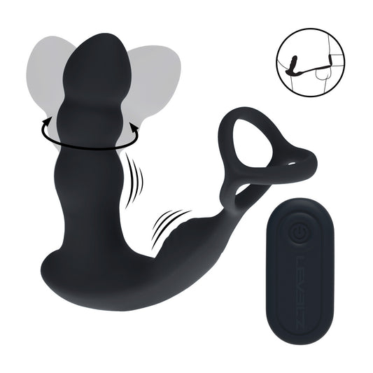 Dual Vibrating Remote Rotating Head Silicone Prostate Stimulator With Cock And Ball Ring Black